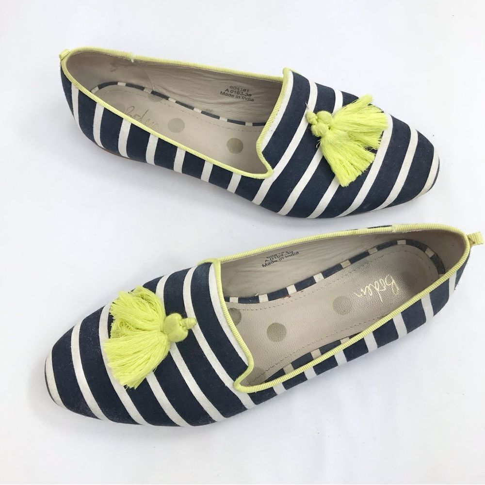 Boden Evelina Navy Blue White Stripe Neon Tassel Slip on Nautical Ballet Flats - Picture 3 of 16